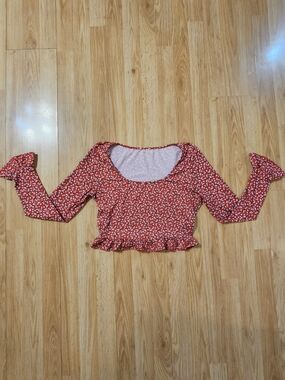 Red Floral Long-Sleeve Crop Top W/ Ruffles